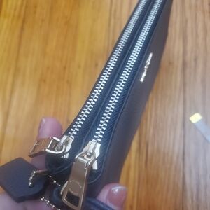 Coach Double Ziper Black Leather  Wallet with Gold Accents Wristlet